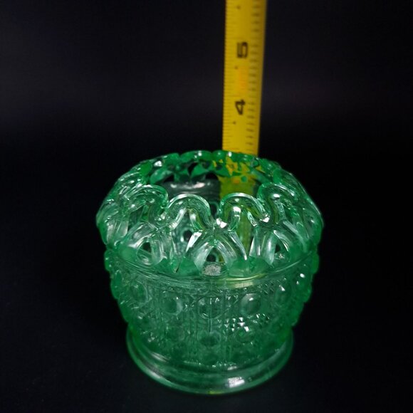 Imperial Glass Green Uranium Glass Bowl Open Lace Edge Cane Button Vintage - Picture 12 of 13